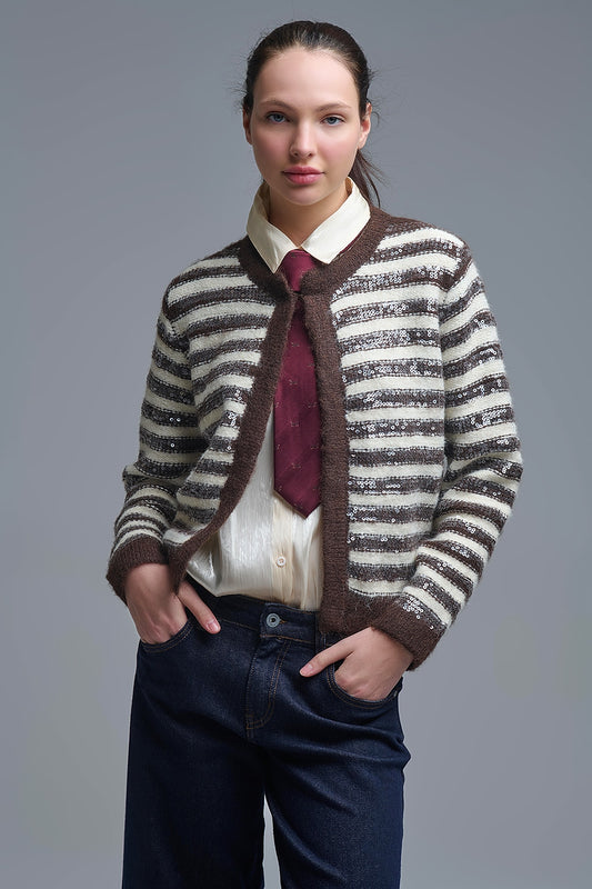 Cardigan à rayures avec paillettes en brun et crème