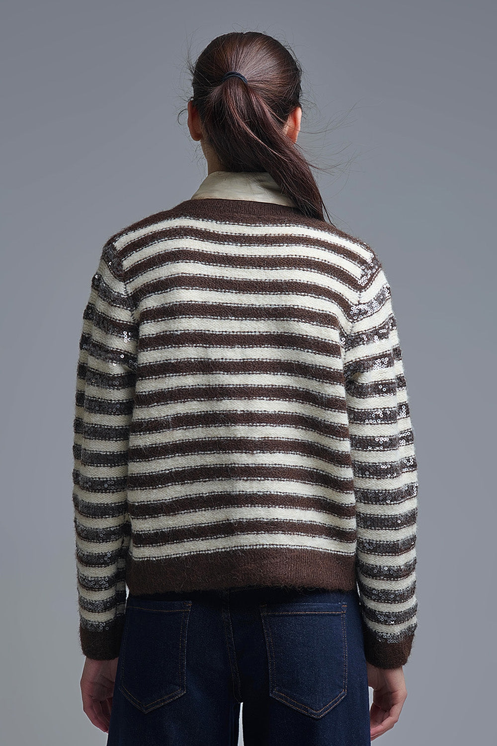 Cardigan à rayures avec paillettes en brun et crème