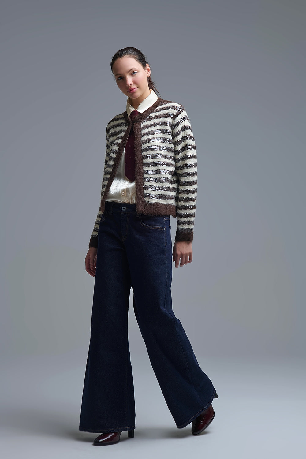 Cardigan à rayures avec paillettes en brun et crème