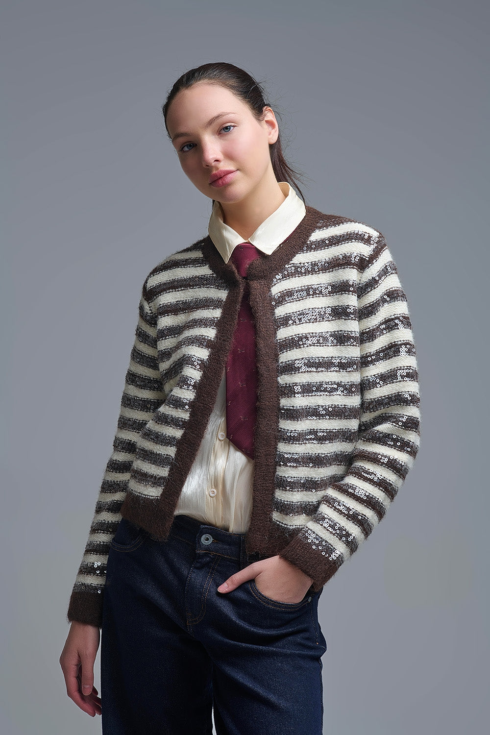 Cardigan à rayures avec paillettes en brun et crème
