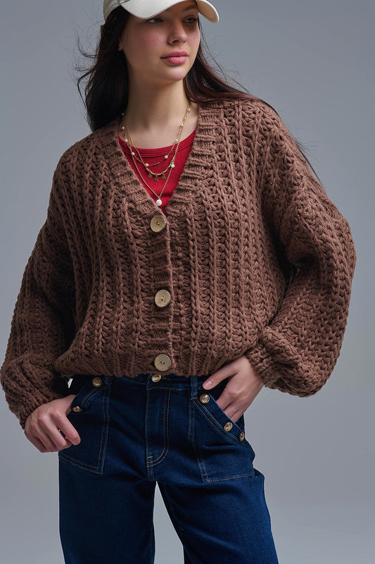 Gilet en grosse maille ajourée marron