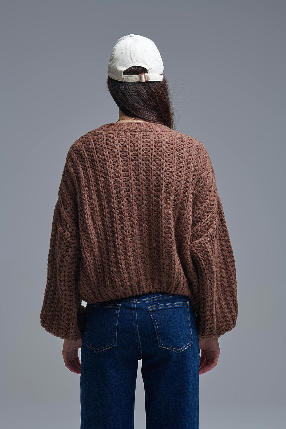 Gilet en grosse maille ajourée marron