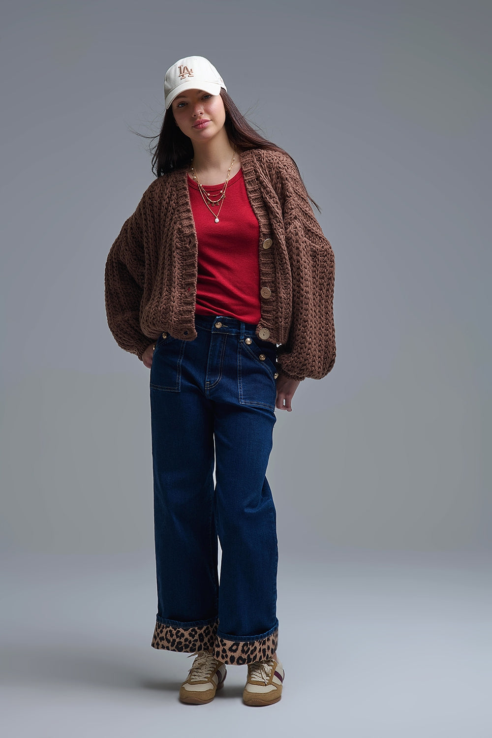 Gilet en grosse maille ajourée marron