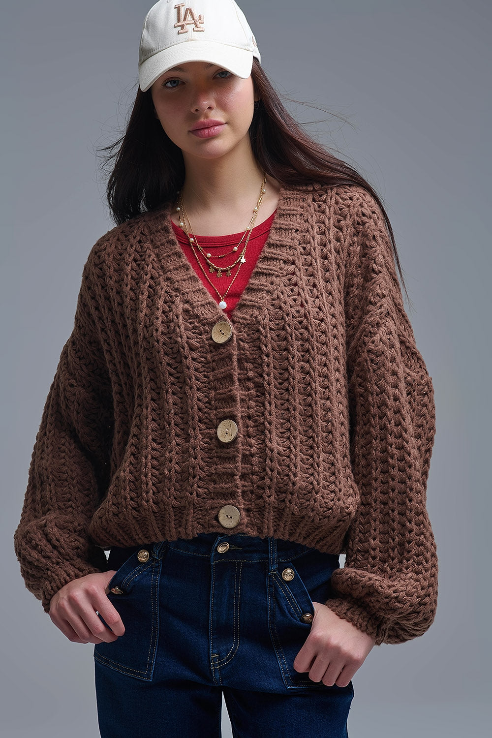 Gilet en grosse maille ajourée marron