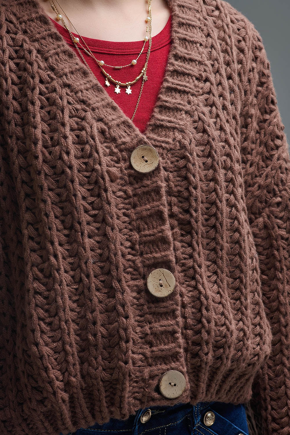 Gilet en grosse maille ajourée marron