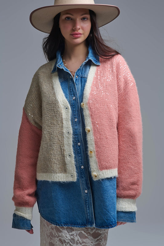 Cardigan à col en V avec paillettes et blocs de couleurs