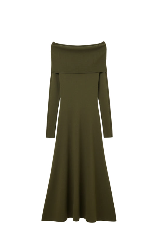Robe longue à larges bretelles en maille kaki