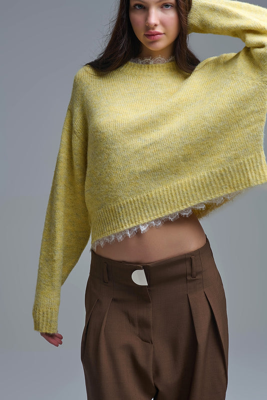 Pull jaune décontracté avec détails en dentelle