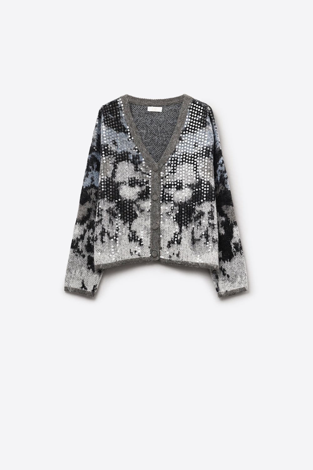 Cardigan élégant en tricot gris avec imprimé abstrait à paillettes