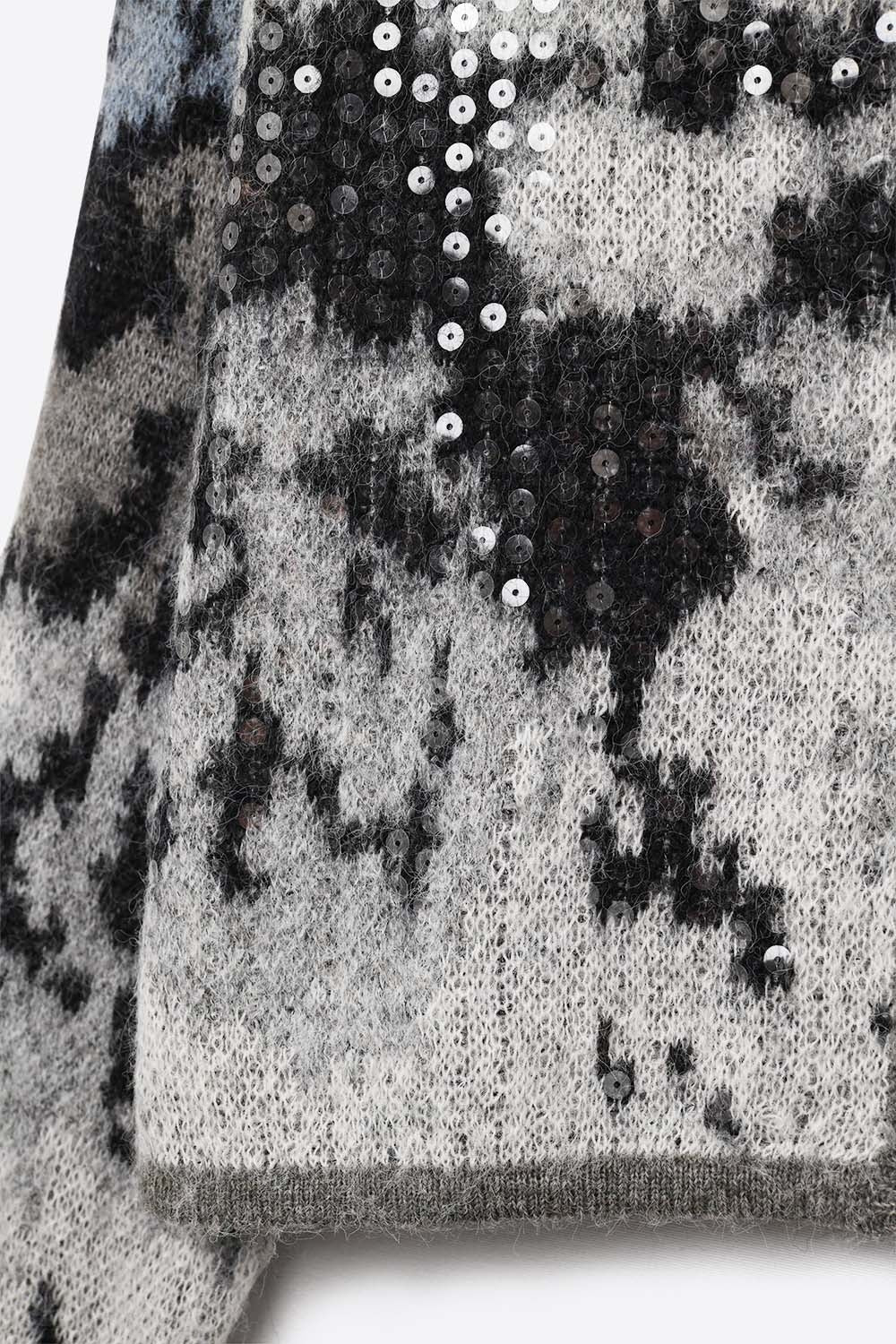 Cardigan élégant en tricot gris avec imprimé abstrait à paillettes