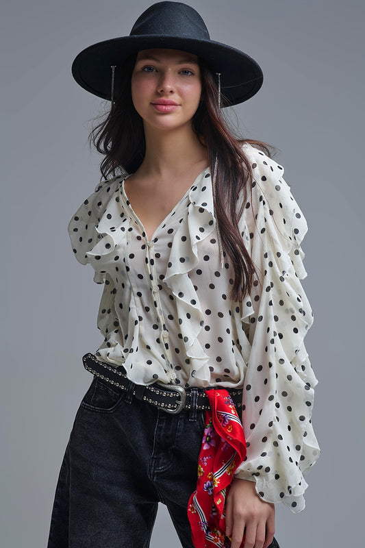 Chemise en mousseline de soie boutonnée à pois avec volants