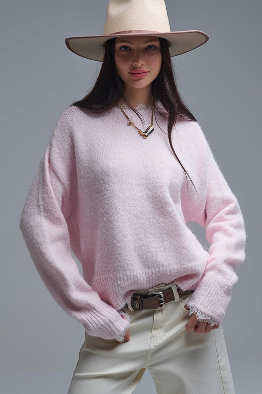 Pull long rose surdimensionné avec détails de dentelle aux poignets et à l'encolure