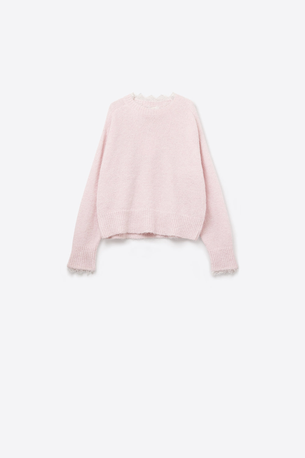Pull long rose surdimensionné avec détails de dentelle aux poignets et à l'encolure