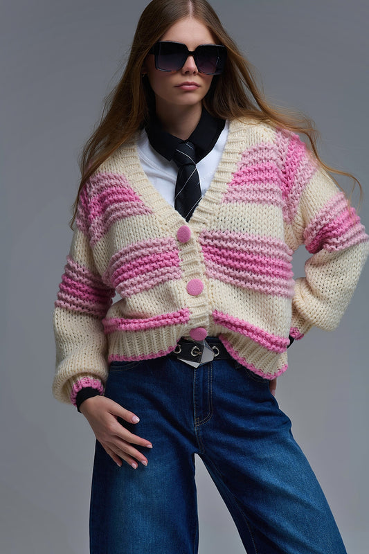 Cardigan en tricot épais à col en V rayé de rose et de crème