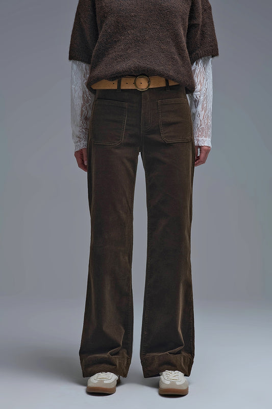 Jeans à jambe droite en velours côtelé marron avec poches