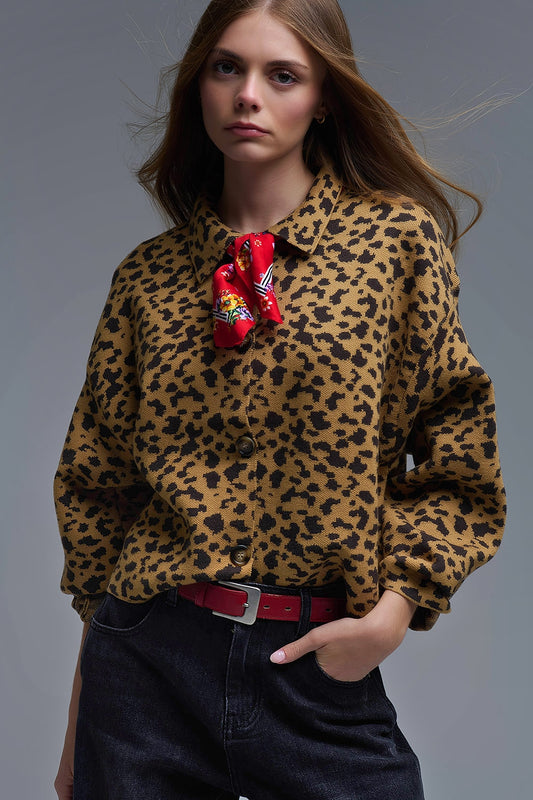 Cardigan décontracté à col polo imprimé guépard