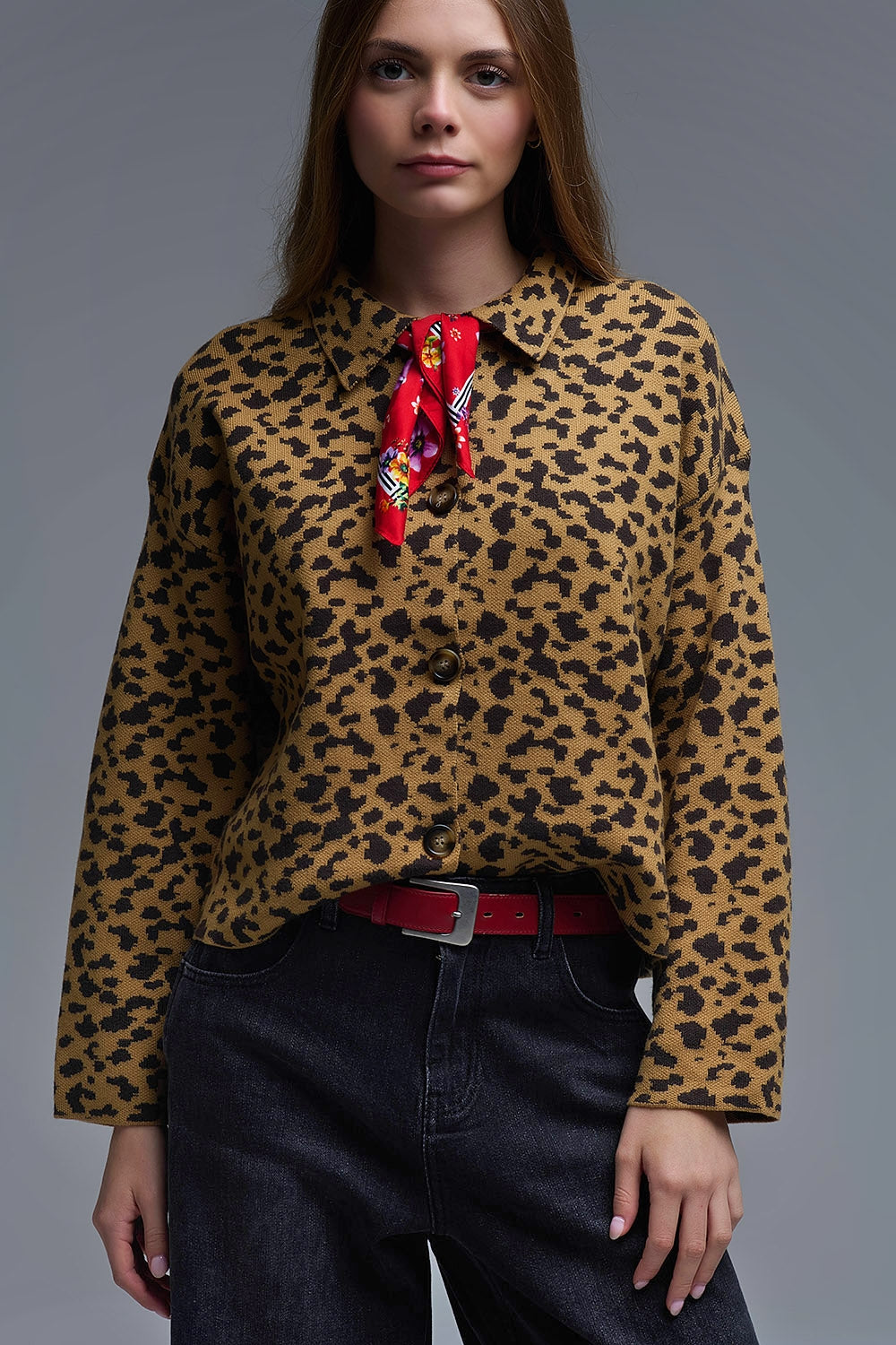 Cardigan décontracté à col polo imprimé guépard