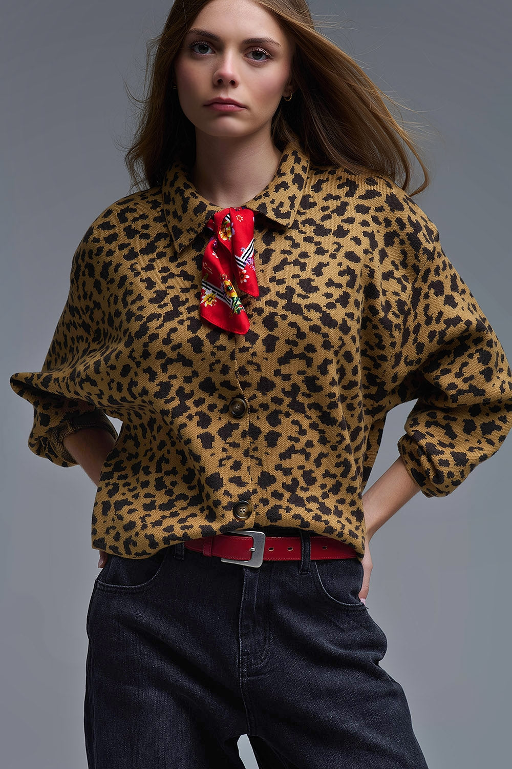 Cardigan décontracté à col polo imprimé guépard