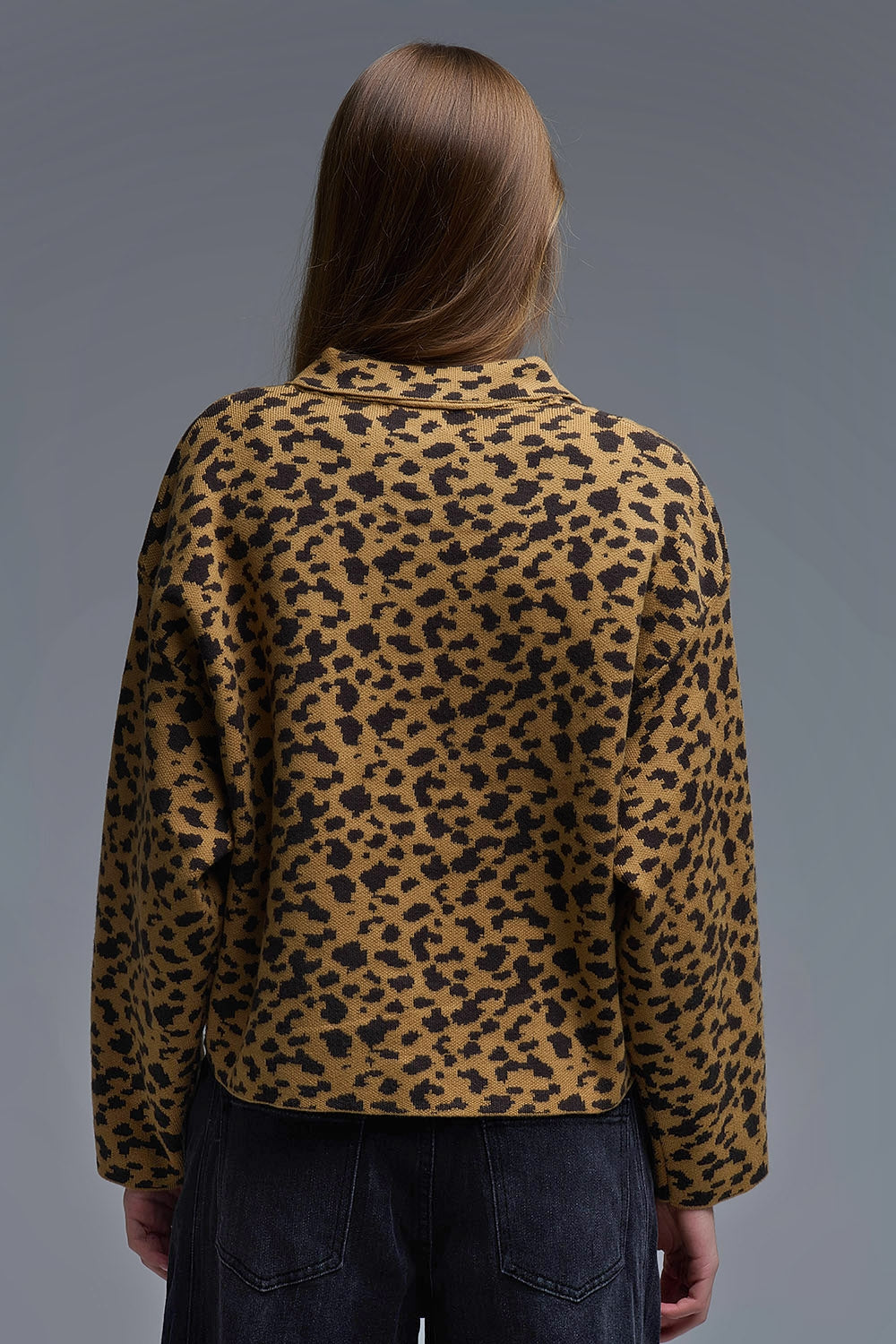 Cardigan décontracté à col polo imprimé guépard
