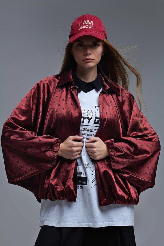 Veste bomber en satin à pois en bourgogne