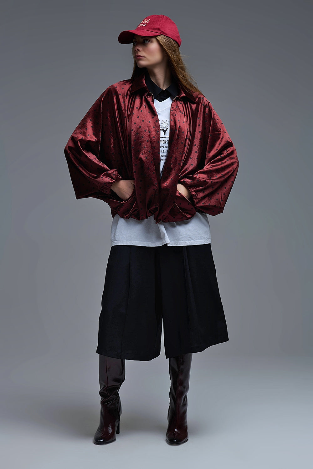 Veste bomber en satin à pois en bourgogne