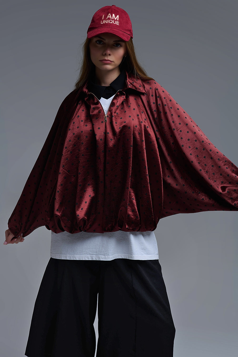 Veste bomber en satin à pois en bourgogne