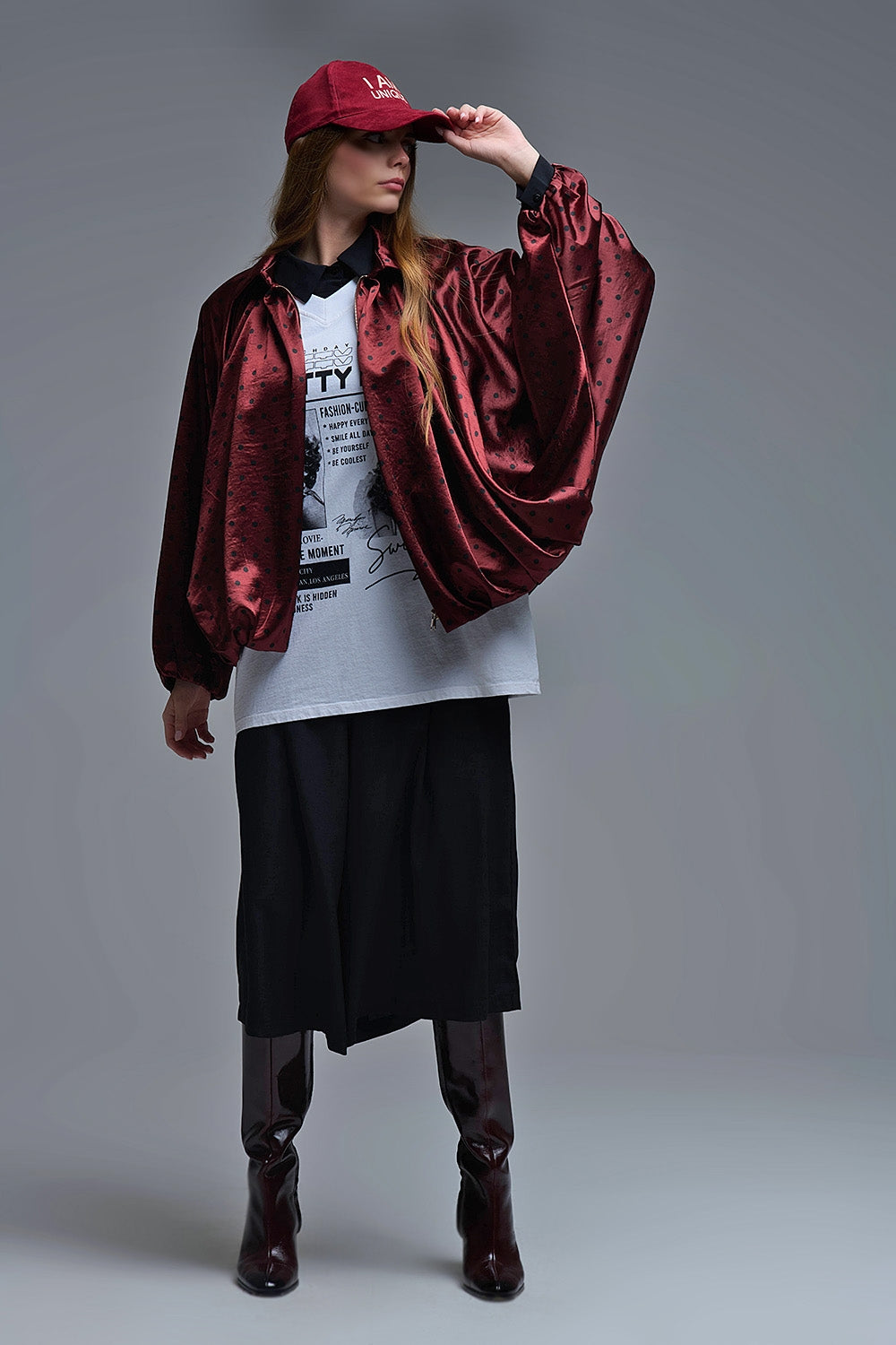 Veste bomber en satin à pois en bourgogne