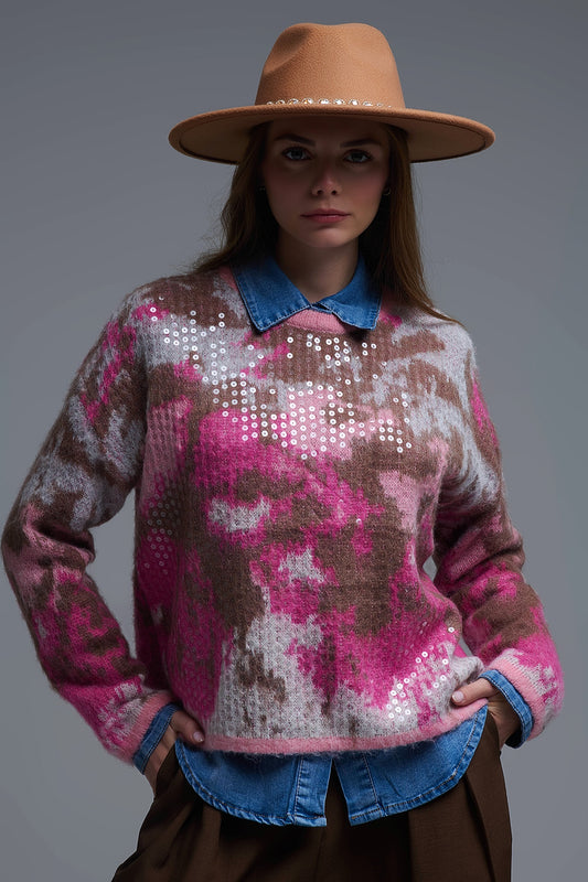 Pull rose à imprimé animalier avec paillettes