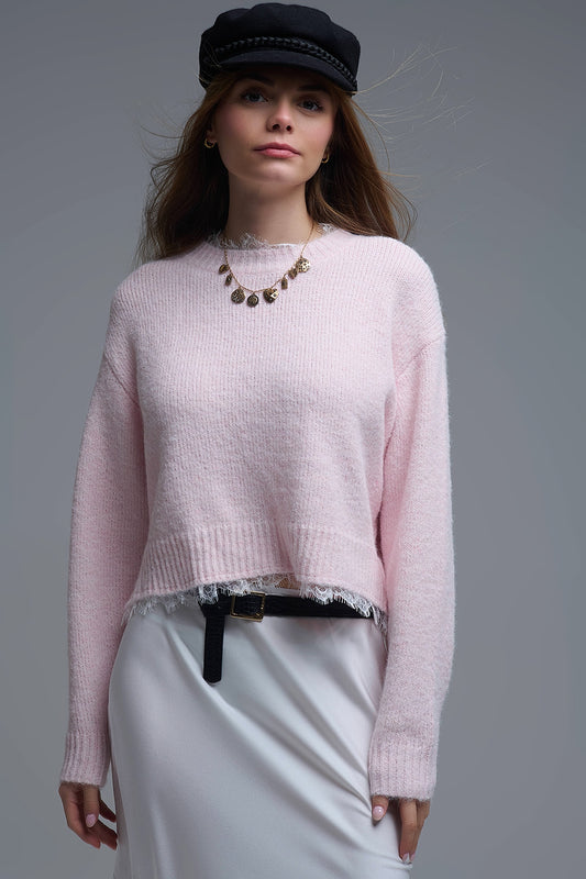 Pull rose décontracté avec détails en dentelle en rose
