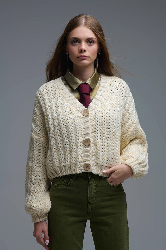 Cardigan Chunky à maille ouverte en beige
