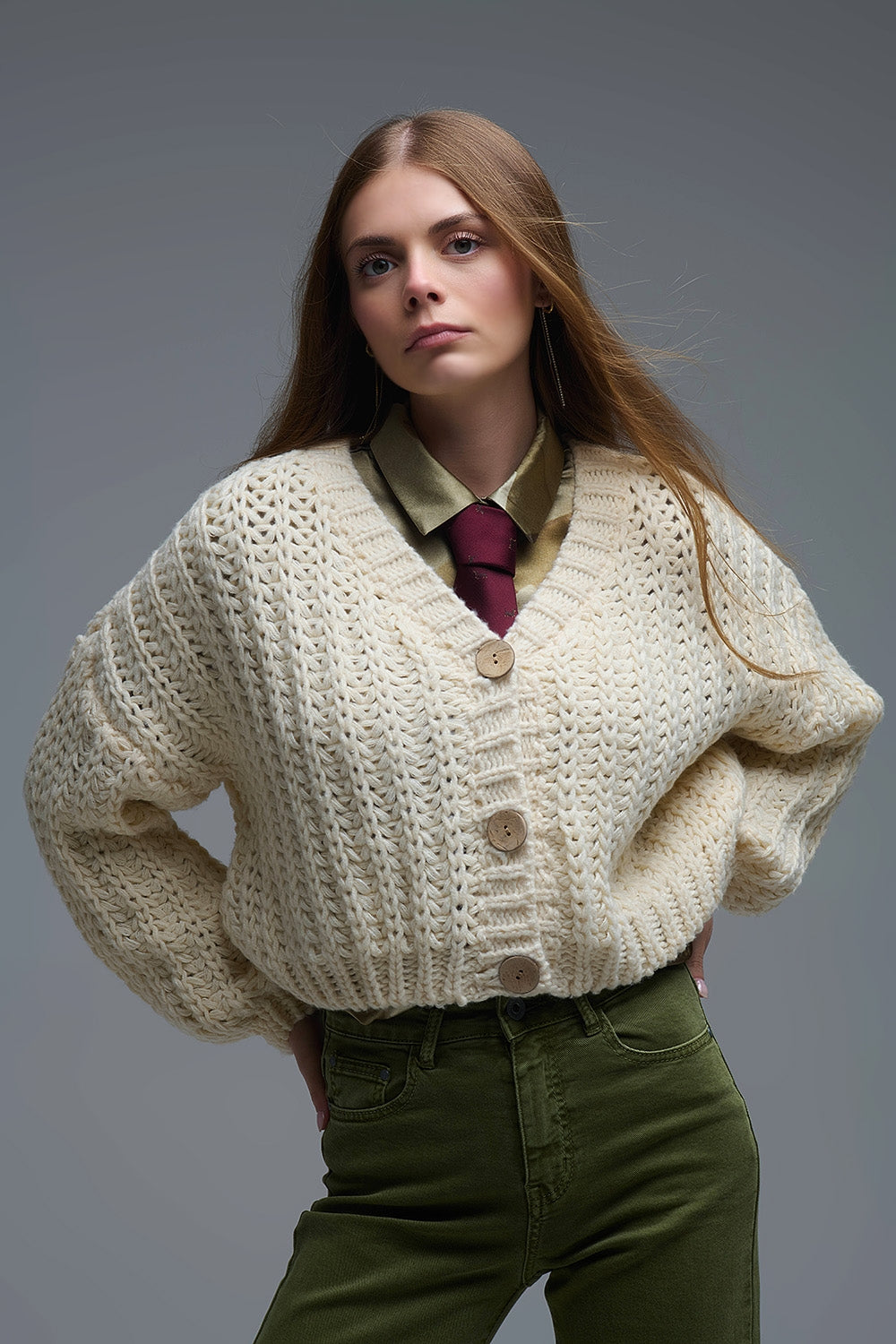 Cardigan Chunky à maille ouverte en beige