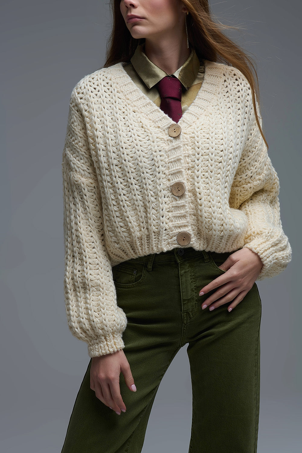 Cardigan Chunky à maille ouverte en beige