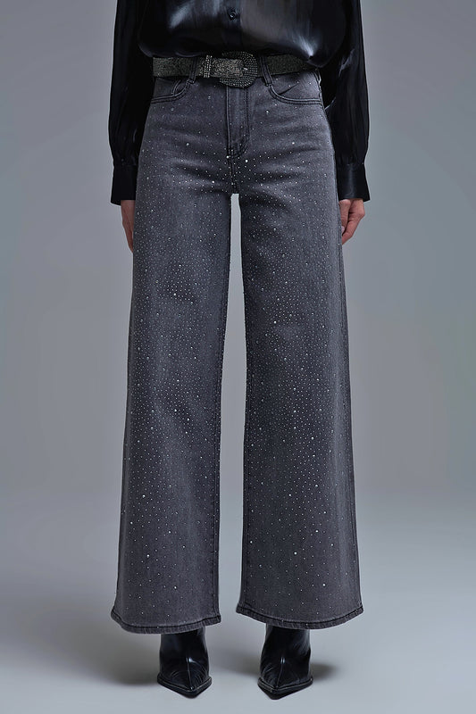 Jeans à jambe large avec strass noir