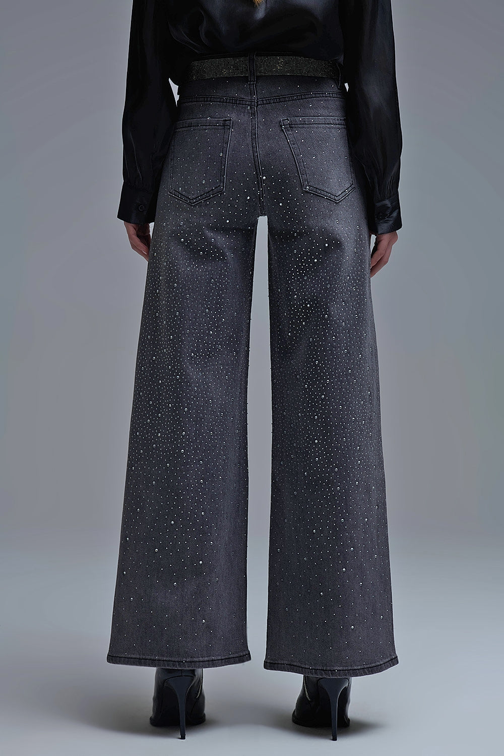 Jeans à jambe large avec strass noir
