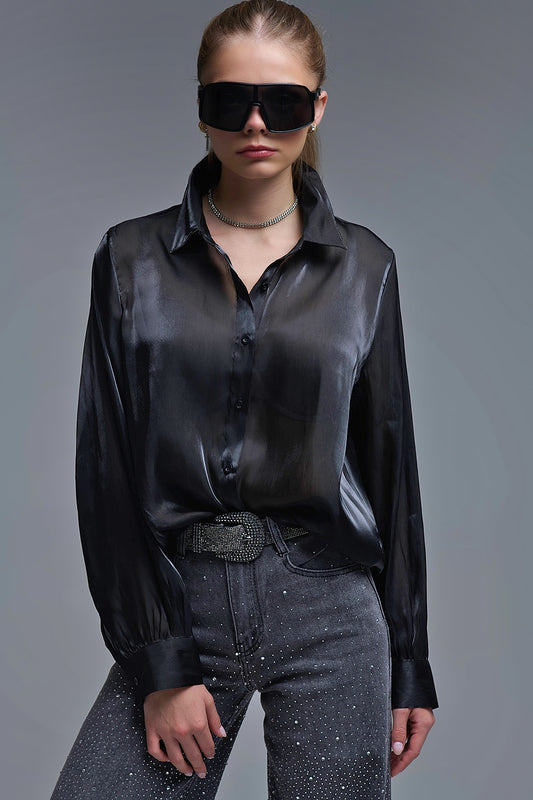 Chemise noire élégante en satin de soie