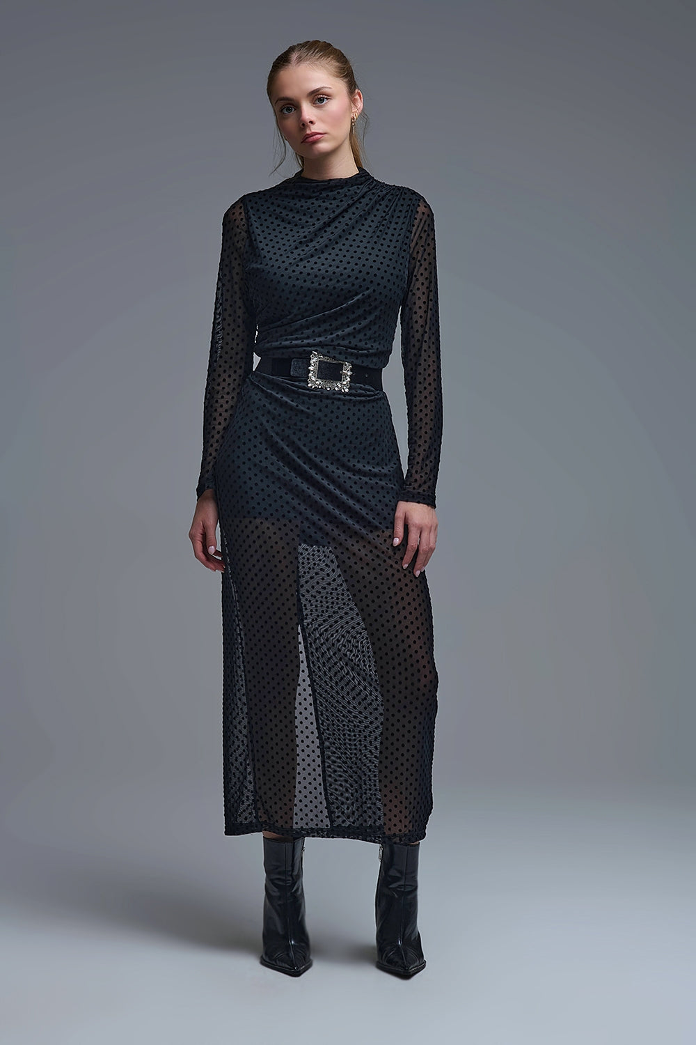 Chic Black Sheer Polka Dot Midi Dress