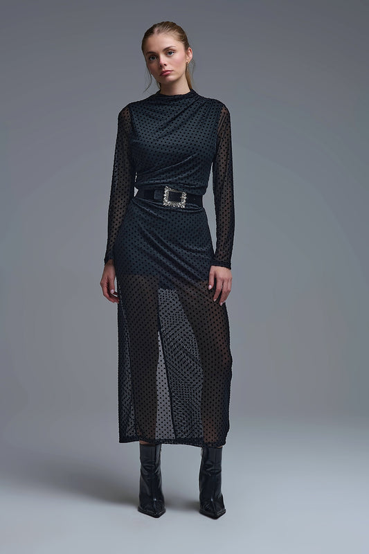 Chic Black Sheer Polka Dot Midi Dress