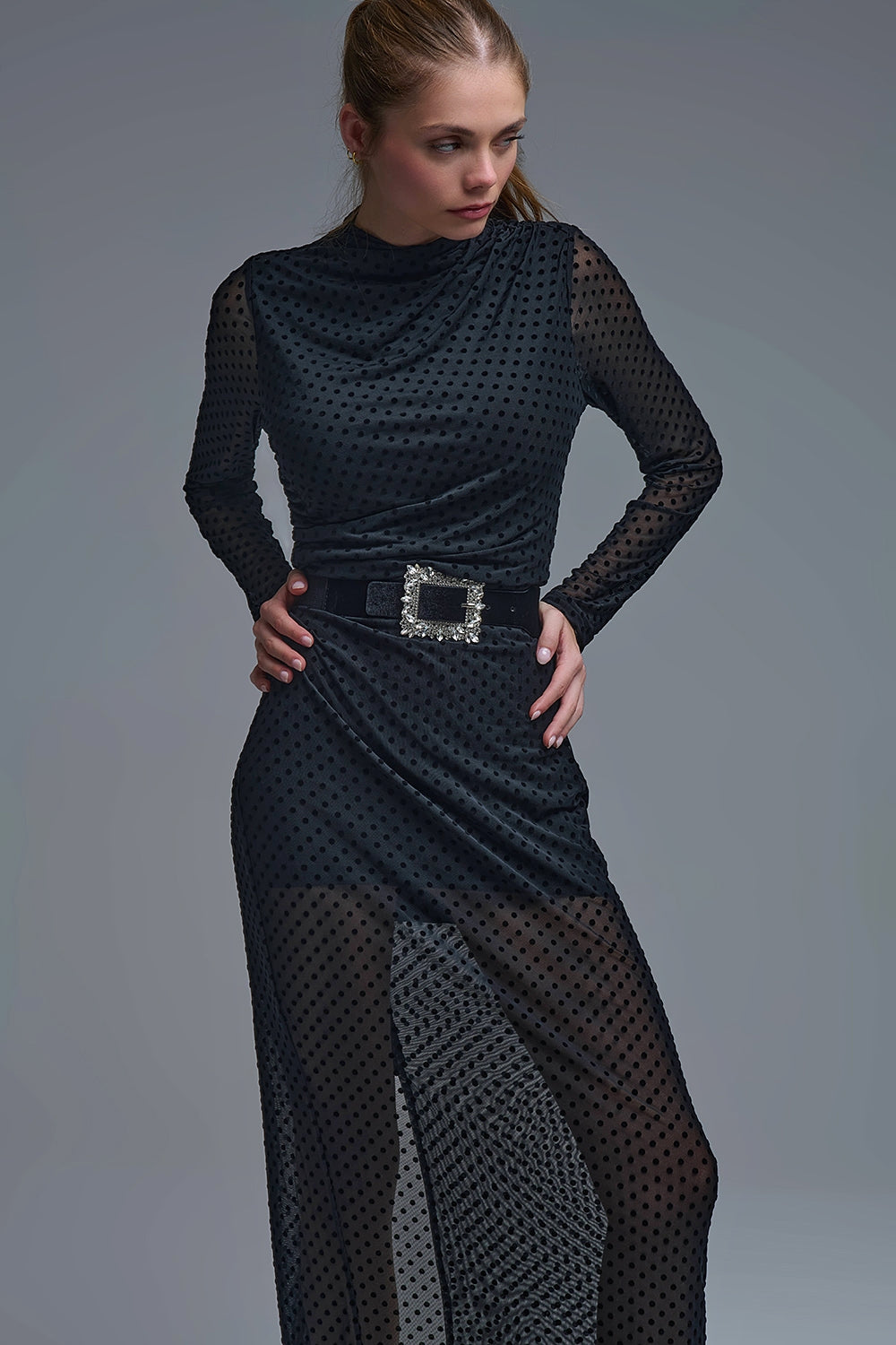 Chic Black Sheer Polka Dot Midi Dress