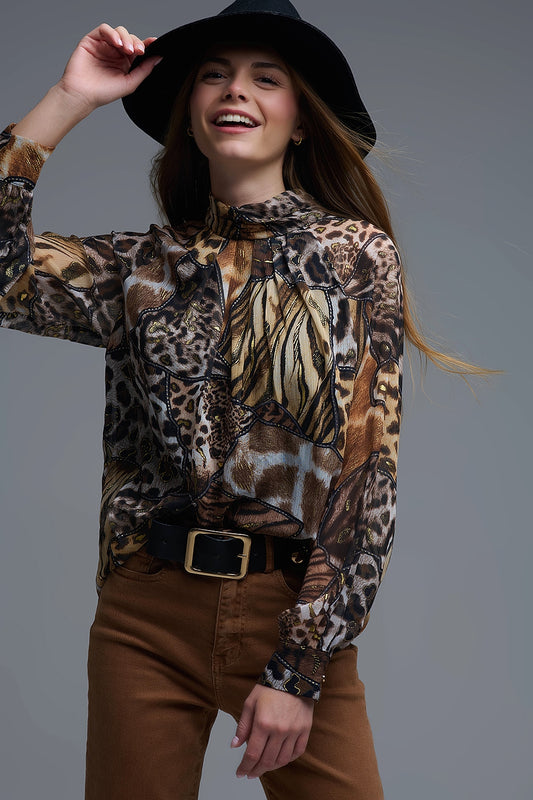 chemise en mousseline de soie à imprimé animalier et détails dorés