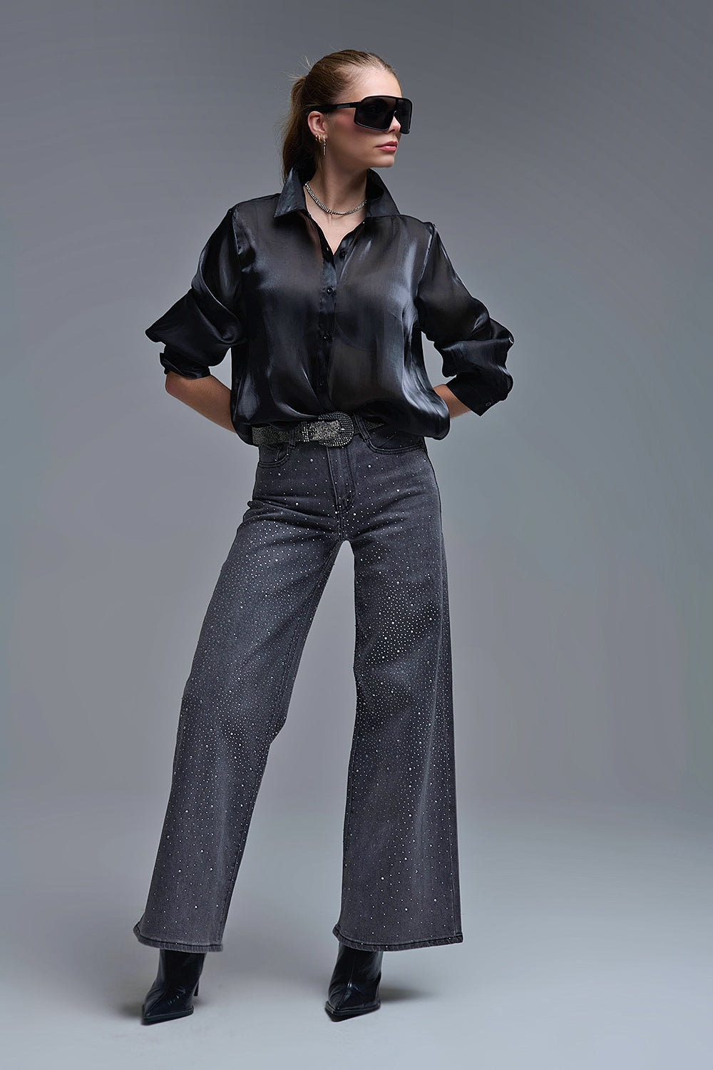 Jeans à jambe large avec strass noir