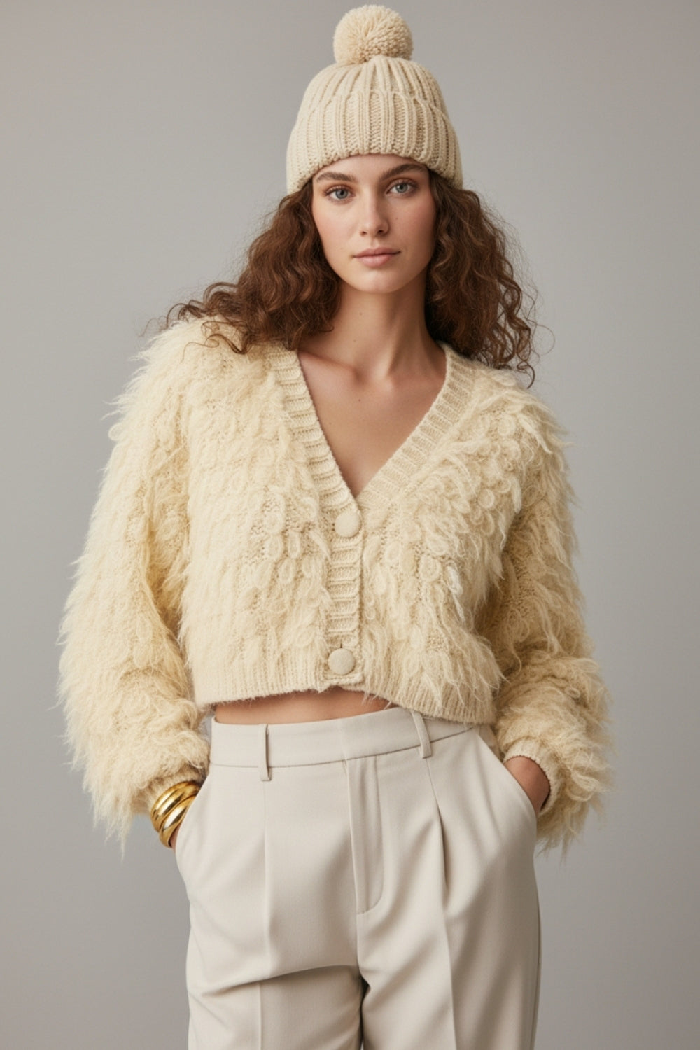 Chunky Shag Style Fluffy Knucky Cardigan en crème