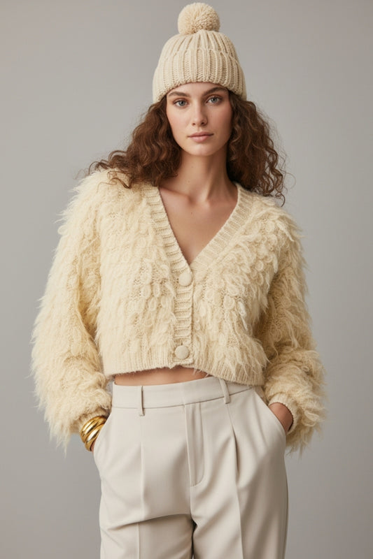 Chunky Shag Style Fluffy Knucky Cardigan en crème