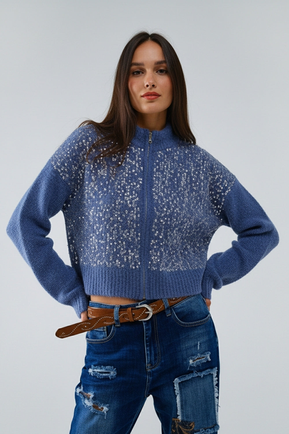Cardigan bleu en maille duveteuse avec paillettes et fermeture à glissière