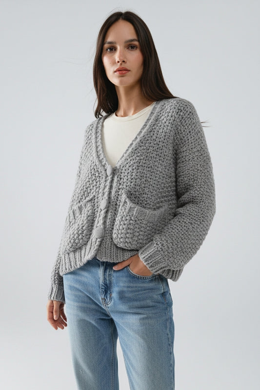 Veste oversize en maille épaisse grise avec poches
