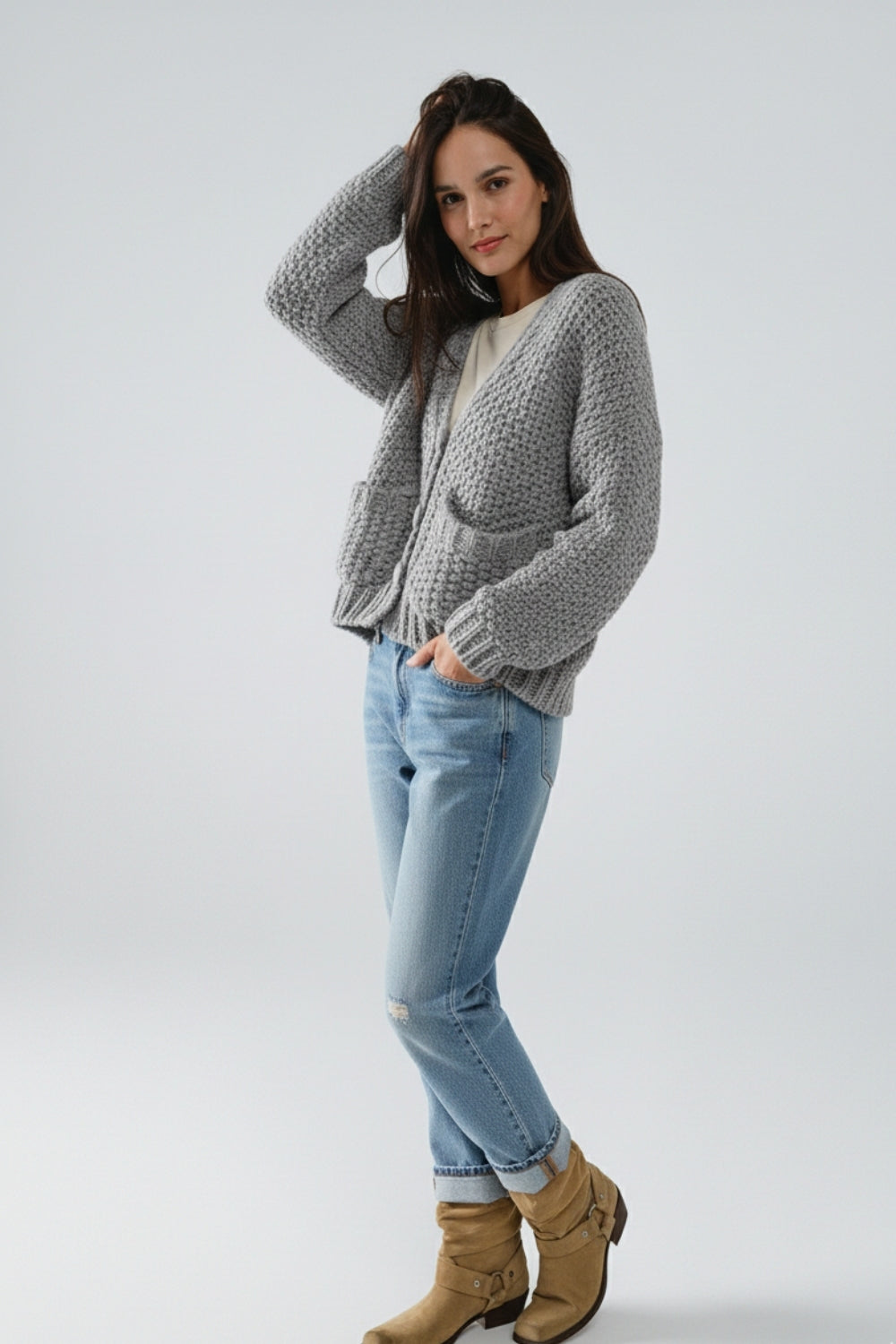 Veste oversize en maille épaisse grise avec poches