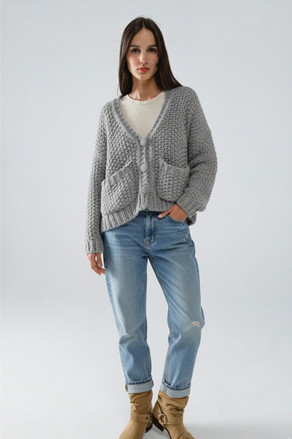 Veste oversize en maille épaisse grise avec poches
