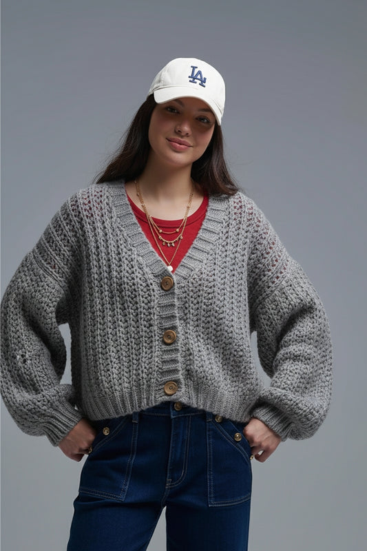 Cardigan épais en maille ouverte Gris avec boutons