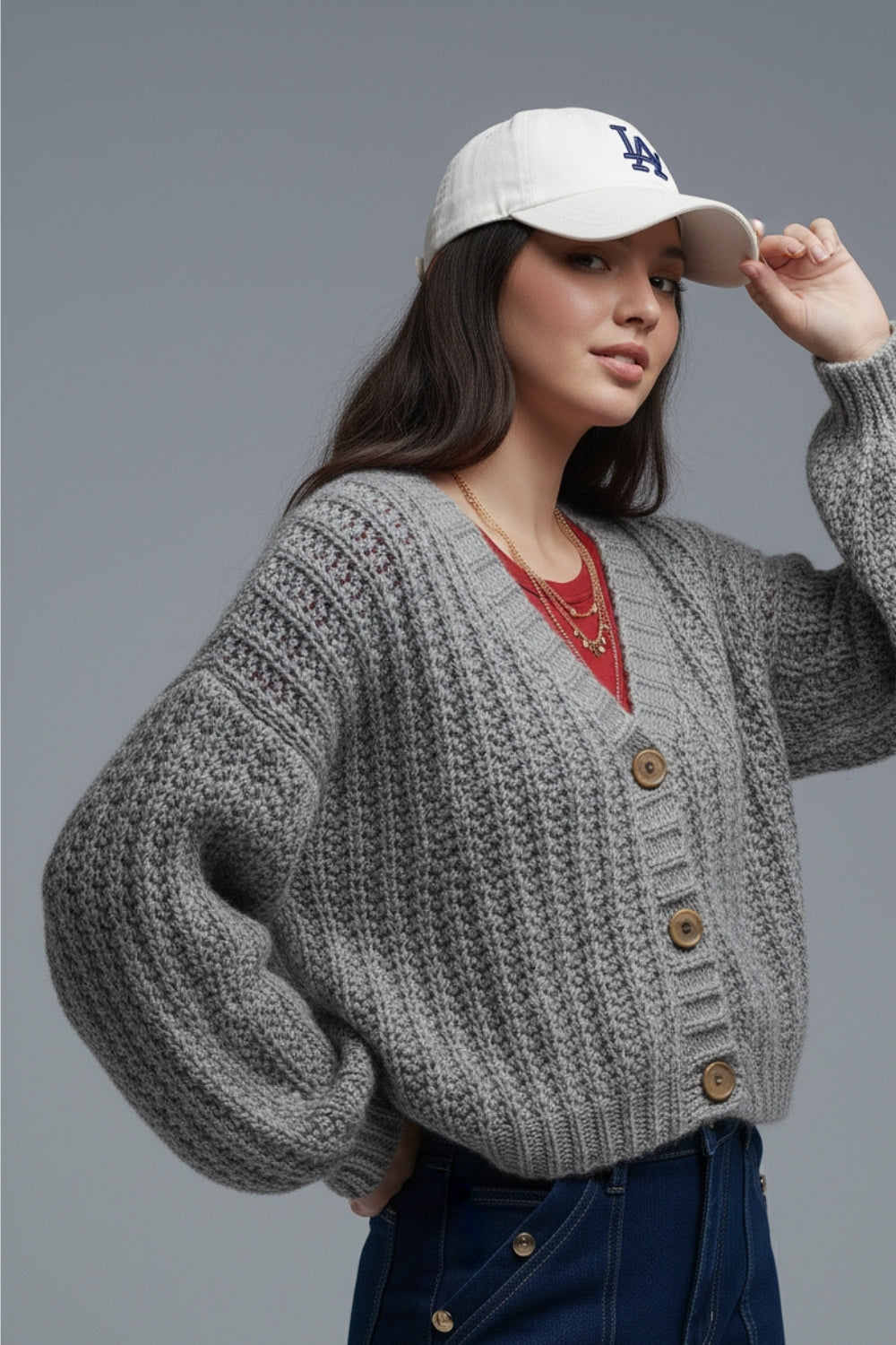 Cardigan épais en maille ouverte Gris avec boutons