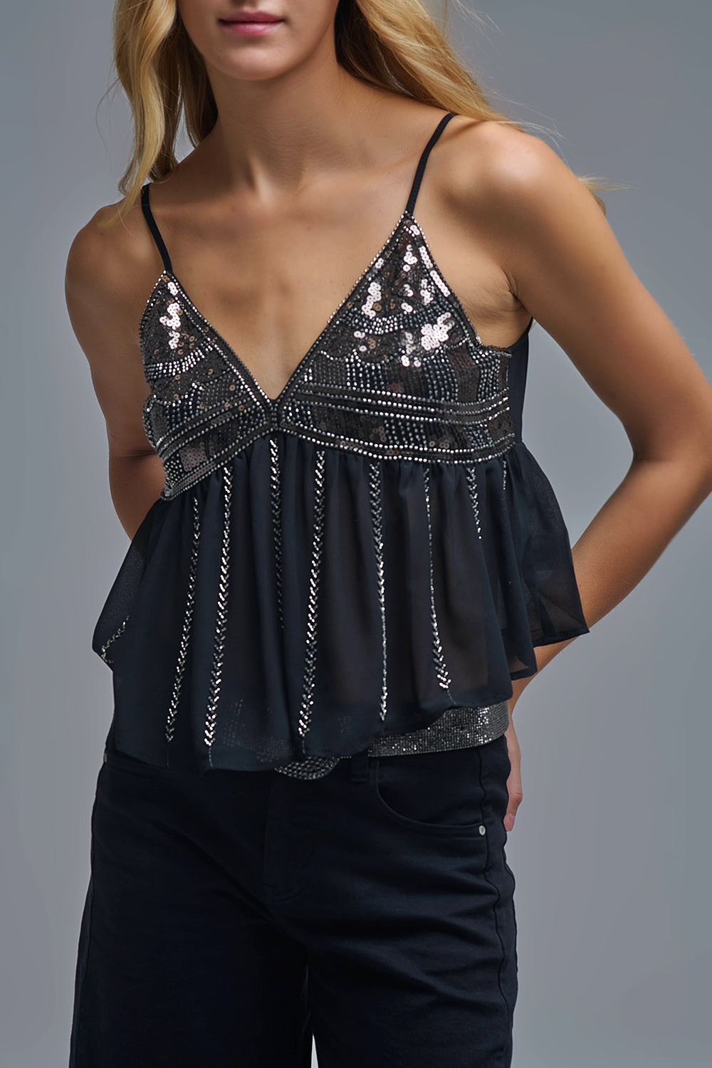 Camisole à paillettes avec ornements en noir