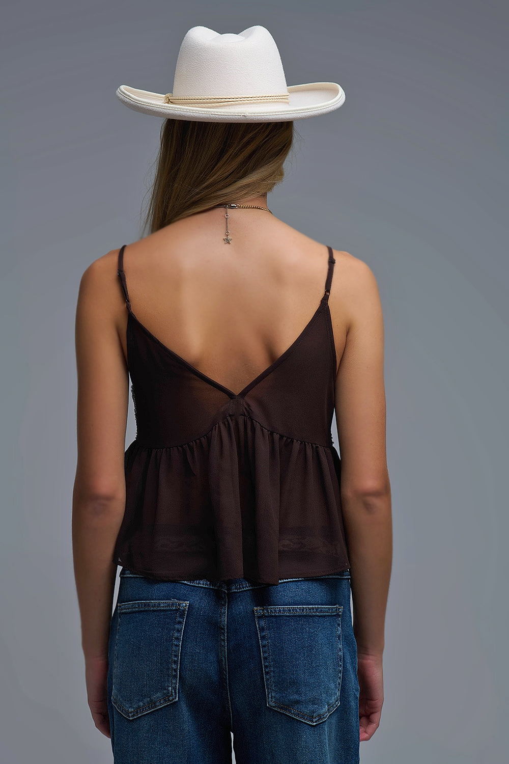 Top camisole à paillettes avec ornements marron